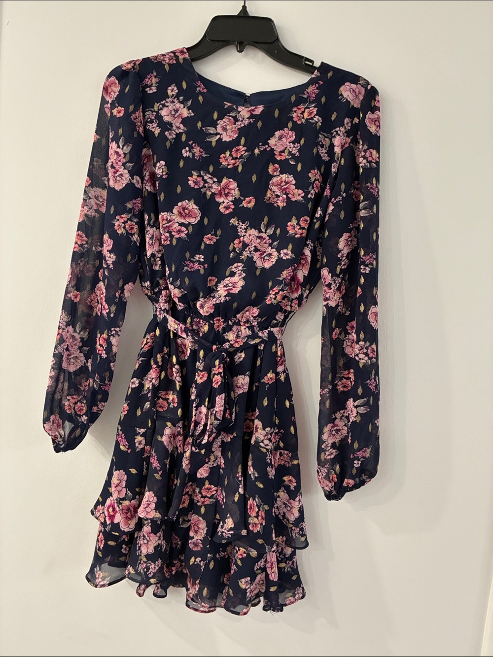 City Studio Navy Floral Long-Sleeve Tiered Dress with Tie